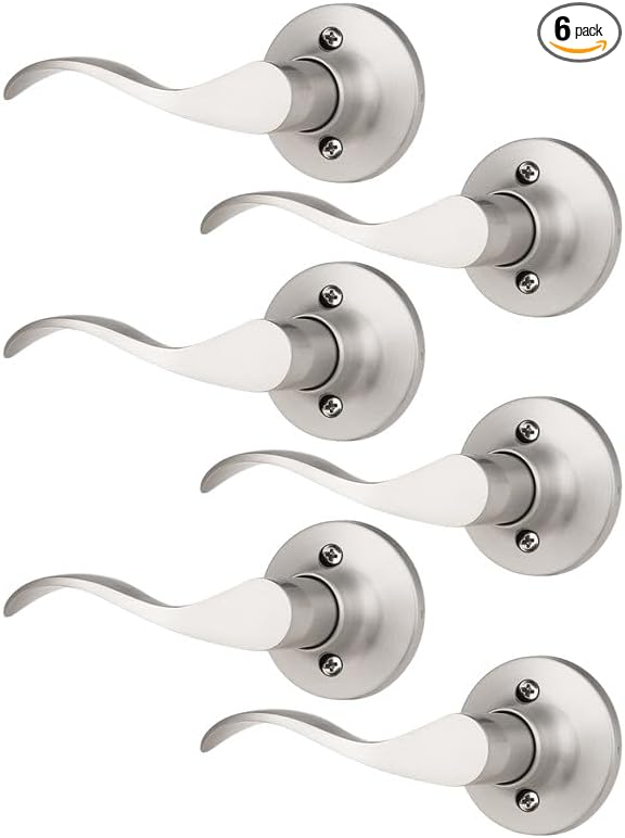 Mengico 6 Pack Satin Nickel Dummy Door Lever, Single Left Side Door Handle for Closets, Non-Turning Pull Only Lever Set, Wave Style Interior Door Knob