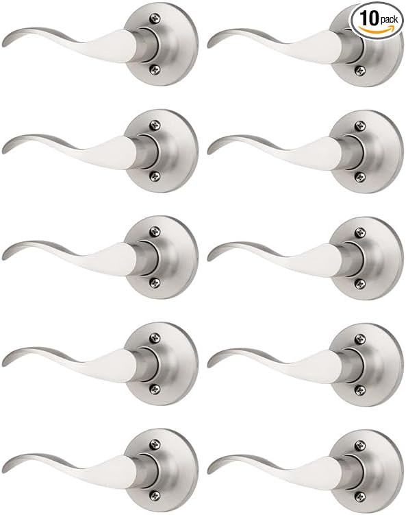 Mengico 10 Pack Satin Nickel Dummy Door Lever, Single Left Side Door Handle for Closets, Non-Turning Pull Only Lever Set, Wave Style Interior Door Knob