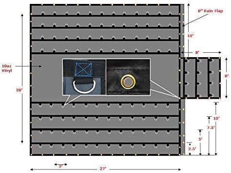 Mytee Products 28' x 27' Flatbed Trailer Lumber Tarp with 10 FT Drop - Heavy Duty Black 18 Oz Vinyl Waterproof Tarp for Truck/Trailers to Protect Cargo from Wind, Rain, Snow and Sun