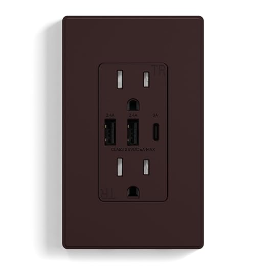 ELEGRP USB Outlets Receptacles, 3-Port Wall Outlet, 30W 6.0A Electrical Outlet, 15 Amp Tamper-Resistant Outlet with Type C Ports, UL Listed, Wall Plate Included, 1 Pack, Matte Brown