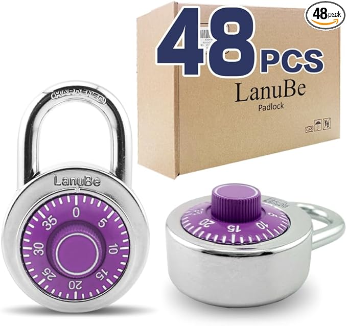LanuBe Standard Dial Combination Lock, 2 inches. Wide, with Different Combinations, Purple Turnplate, Pack of 48; Lock for School, Employee, Gym Sports Locker, Case, Toolbox