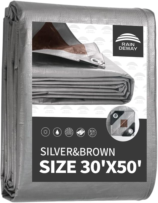 RAINDEWAY Tarps Heavy Duty Waterproof 30x50 Feet,10Mil Thick Multipurpose Large Tarp Cover with Metal Grommets and Reinforced Edges,Silver/Brown Tarp