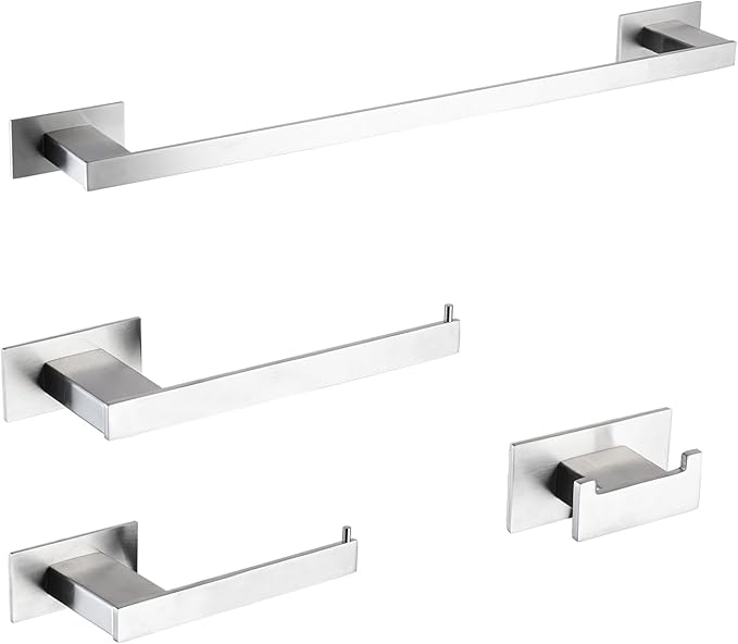 4-Pieces Bathroom Hardware Accessories Set, Towel Rack Towel Bar Toilet Paper Holder Towel Hook Self Adhesive Stainless Steel Towel Rack Set for Bathroom Wall Mounted, Brushed Nickel, 16 Inch