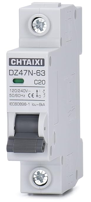 AC Miniature Circuit Breaker, 20 Amp 120V/240V 1 Pole DIN Rail Mount Circuit Breaker, Thermal Magnetic Trip, Solar AC Disconnect Switch MCB C20