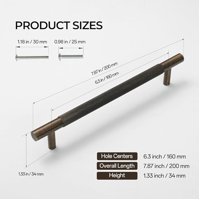 Solid Brass Cabinet Pulls, Knurled Cabinet Pull, Antique Brass Drawer Handles for Bathroom, Bedroom, Kitchen (2, 7.87inch/200mm)