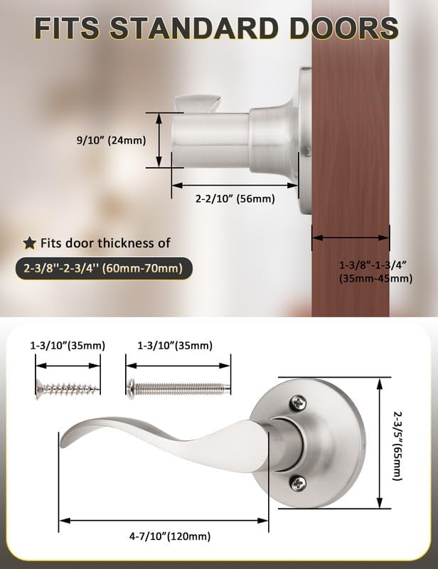 Mengico 6 Pack Satin Nickel Dummy Door Lever, Single Left Side Door Handle for Closets, Non-Turning Pull Only Lever Set, Wave Style Interior Door Knob
