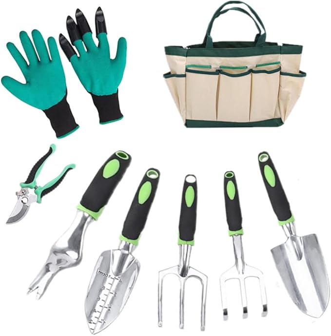 Garden Tool Set, 8 Pcs Heavy Duty Aluminum Rustproof Gardening Hand Tools,with Non-Slip Rubber Grip,Durable Storage Tote Bag,Outdoor Hand Tools, Idea for Transplanting, Weeding, Digging and Planting
