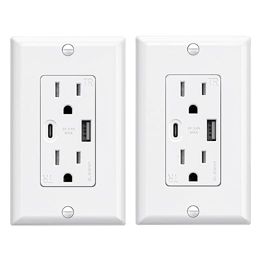 ELEGRP USB Wall Outlets, 15 Amp USB C Wall Outlets Receptacles, Outlets with USB A and USB C Ports, Tamper Resistant Receptacle, Wall Plate Included, UL Listed, 2 Pack, White