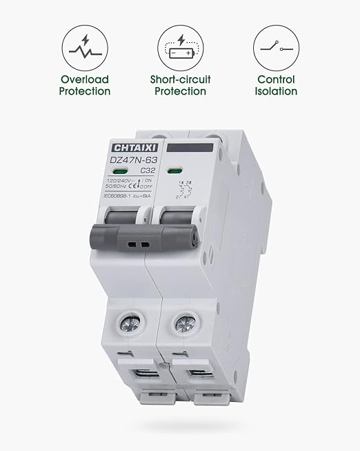 AC Miniature Circuit Breaker, 32 Amp 120V/240V 2 Pole DIN Rail Mount Circuit Breaker, Thermal Magnetic Trip, Solar AC Disconnect Switch MCB C32