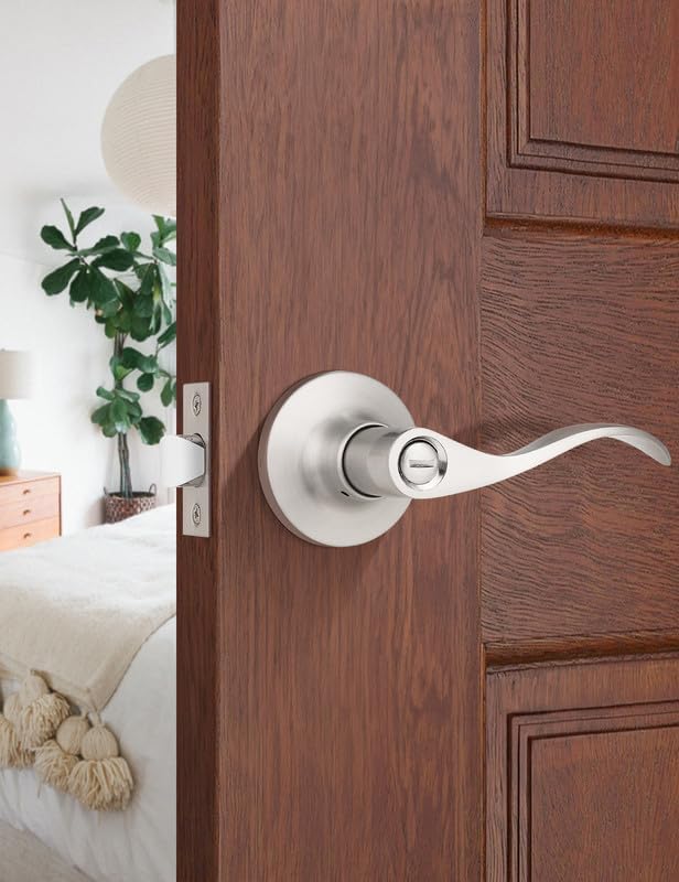 Mengico 1 Pack Satin Nickel Privacy Door Lever, Modern Interior Door Knobs Locks for Bedroom and Bathroom, Heavy Duty Door Handle, Reversible Wave Lever Handle