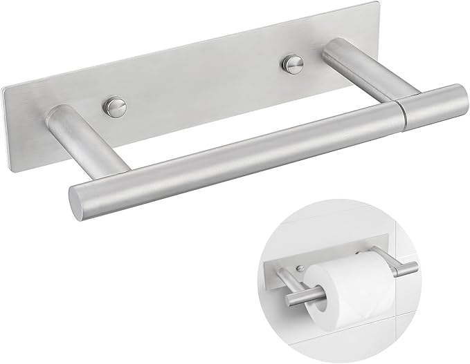 Brushed Nickel Toilet Paper Holder, Adhesive or Screw Toilet Roll Holder Wall Mount, SUS304 Stainless Steel Double Post Pivoting Toilet Roll Holder for Bathroom, Kitchen, Washroom