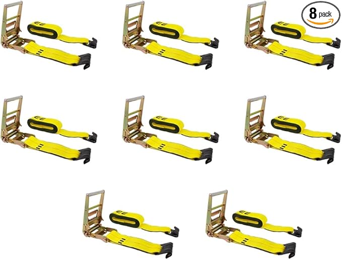 Mytee Products Ratchet Tie-Down Straps with Flat Hooks, 4" x 30' Ratchet Straps Yellow | 16,200 Lbs Breaking Strength | TieDown Ratchet Straps for Flatbed, Truck, Trailers Pickup (8 Pack)