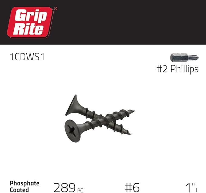 Grip-Rite 1CDWS1 #6 X 1" Phillips Bugle Head Coarse Thread Sharp Point Drywall Screw, 1lb Box