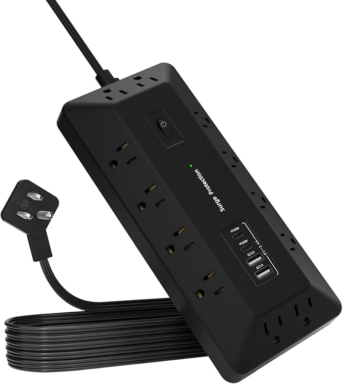 16-in-1 Surge Protector Power Strip with Multi-Function Stand, 6 Outlets with 2 USB-C (20W PD) and 2 USB-A (18W) Ports, 6FT Extension Cord for Home Office Desktop and Dorm (Black)