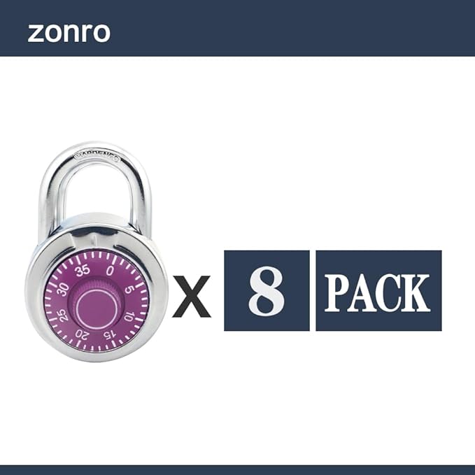 ZonRo Locks Combination Padlock, Fixed Dial Combination Padlock 8 Pack,3 Digit Code Standard Dial Combination, 2 in Wide. 3 in Height,Purple Turntable, Lock for Gym & Locker, School, Toolbox
