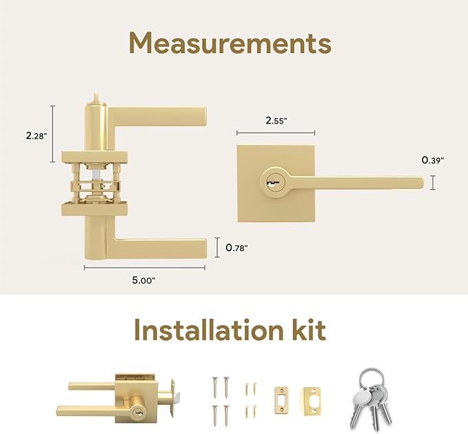 Mega Handles - Prime Entrance Handle, Entry Lever Door Handle, Heavy Duty Square Locking Lever Set for Left or Right-Handed Doors, Interior/Exterior Door Levers - Satin Brass