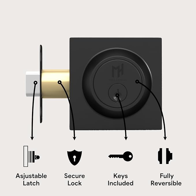 Mega Handles - SUANA Deadbolt I Entrance Lock - Heavy Duty Square Locking Deadbolt for Left or Right-Handed Doors - Interior/Exterior - Matte Black