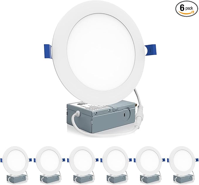 Meconard 6 Pack 6 Inch Ultra-Thin LED Recessed Ceiling Light, 5000K Daylight, Dimmable 12W=110W, 1050LM, IC Rated Can-Killer Downlights with Junction Box, ETL and Energy Star Listed