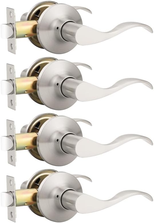 Mengico 4 Pack Satin Nickel Modern Interior Passage Door Knobs, Keyless Door Handle for Hallway & Closet, Wave Style Non-Locking Door Lever Reversible for Left & Right Handed