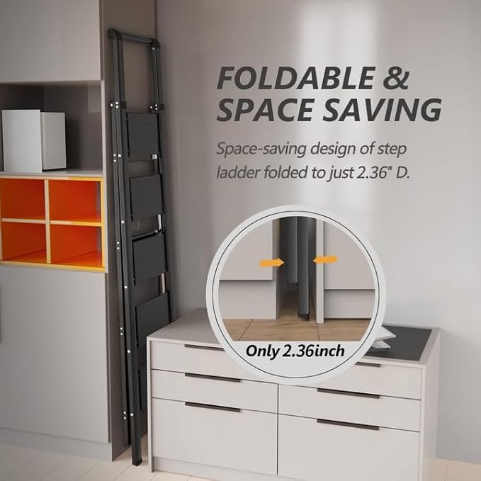 5 Step Ladder, Folding Step Stool, Portable Iron Foldable Black Ladder for 10 Foot High Ceiling with Anti-Slip Wide Sturdy Pedal and Handgrip, Multi-Use for Home (300 lbs Capacity)