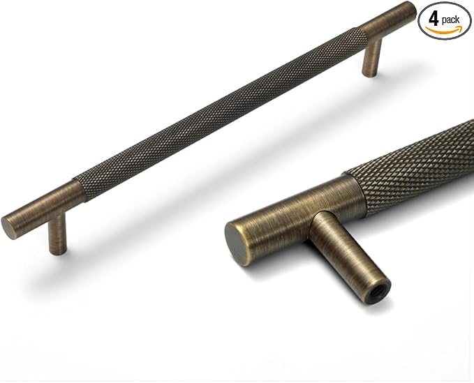 Solid Brass Cabinet Pulls, Knurled Cabinet Pull, Antique Brass Drawer Handles for Bathroom, Bedroom, Kitchen (4, 9.45inch/240mm)