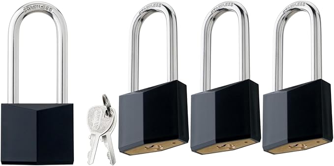 4-Pack Keyed Alike Locks, Black Covered Brass Keyed Padlock with Stainless Steel Long Shackle, 1-9/16 Inch Lock Body, Rustproof Locks for Gate Fence Hasp Cabinet Toolbox Gym or School Locker