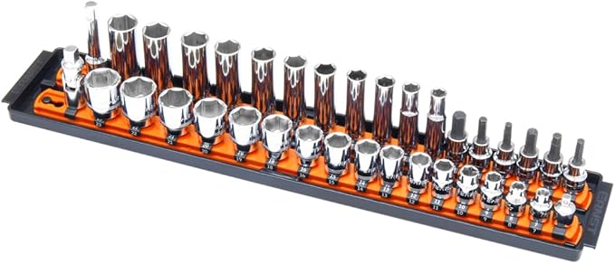 Ernst Manufacturing 8486 Socket Boss, Premium 2-Rail, 3/8 Inch-Drive Socket Organizer, 18-Inch, Orange - Made in USA
