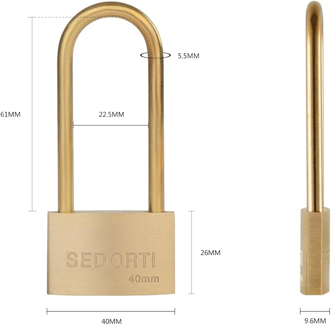 Weather Proof Lock, Keyed Alike Solid Brass Padlocks with Long Brass Shackle, Light Duty, 1-1/2" Wide Body, Marine Padlock, Anti Rust Lock, 6 Pack