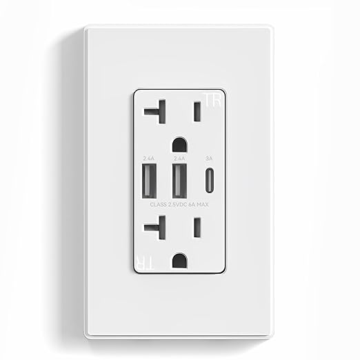 ELEGRP USB Outlets Receptacles, 3-Port USB C Wall Outlet, 30W 6.0A USB Electrical Outlet, 20 Amp Tamper-Resistant Outlet with USB C Ports, UL Listed, Screwless Wall Plate Included, 1 Pack, Matte White