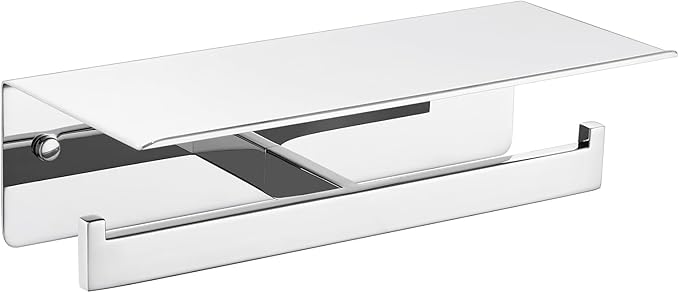 APLusee Double Toilet Paper Holder with Phone Shelf, 304 Stainless Steel Bathroom Tissue Hanger, Wall Mounted Dual Roll Paper Dispenser, Polished Chrome