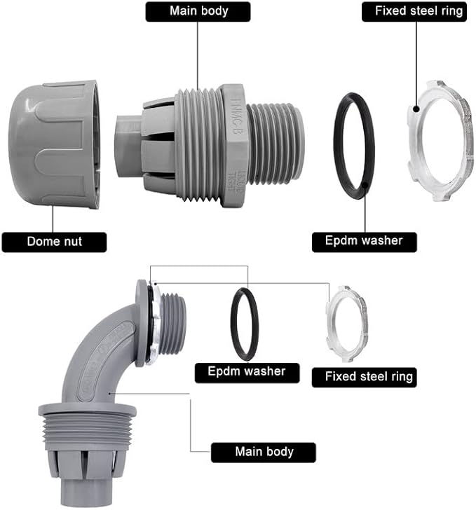 1/2 inch Liquid Tight Connector PVC Flexible Conduit Connector UL Listed Liquid Tight Connector Non-Metallic Electrical Conduit Fittings 12 Pack (8 Pcs 180D/4 Pcs 90D)