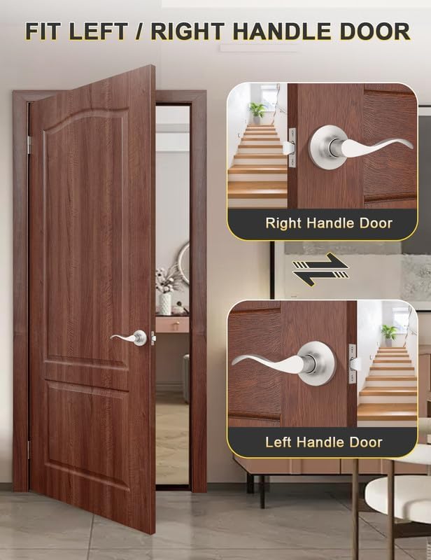 Mengico 4 Pack Satin Nickel Modern Interior Passage Door Knobs, Keyless Door Handle for Hallway & Closet, Wave Style Non-Locking Door Lever Reversible for Left & Right Handed