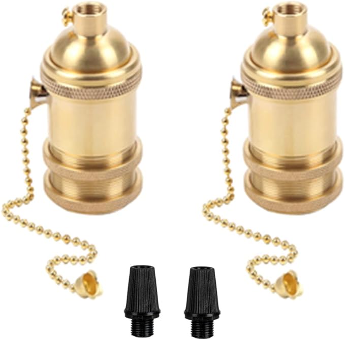 2 Pack Solid Brass Light Socket with 2 Socket Rings, Pull-Chain Version Supplies for Handmade Lighting, Lamps, Pendants etc (Natural Brass-Pull Chain)