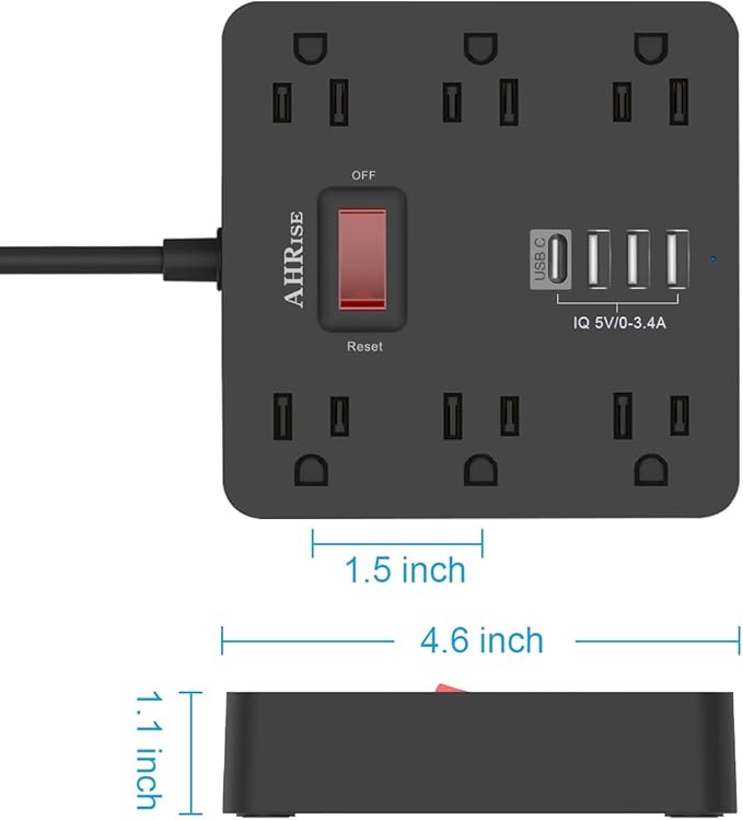 Power Strip, AHRISE Extension Cord with 6 AC Outlets and 4 USB Charging Ports(5V/3.4A,17W) for Smartphone Tablets Home, Office, Hotel, Cruise Ship, 5 Feet Long Cord, ETL Listed -Black