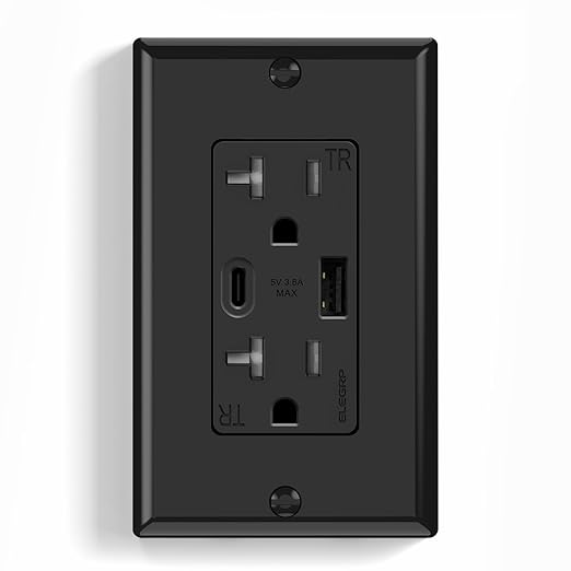 ELEGRP Wall Outlet, 20 Amp C Wall Outlets Receptacles, Outlets with A and C Ports, Tamper Resistant Receptacle, Wall Plate Included, UL Listed, 1 Pack, Black