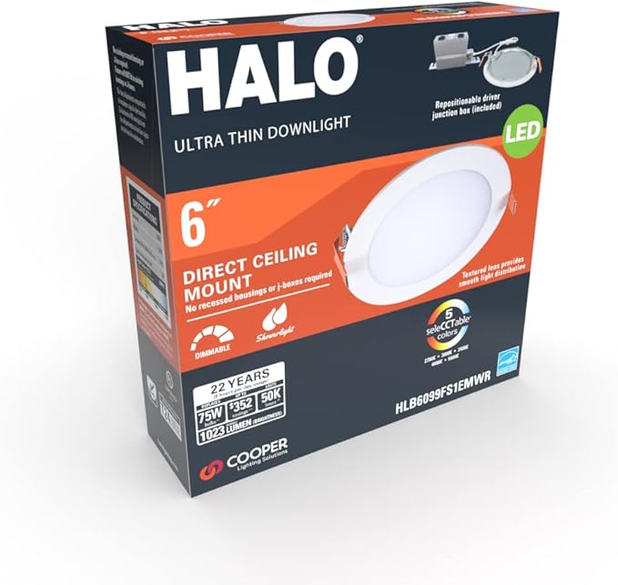 HALO HLB Recessed Lighting 6 Inch LED Thin Canless, Dimmable w/Selectable Color Temperatures - HLB6099FS1EMWR