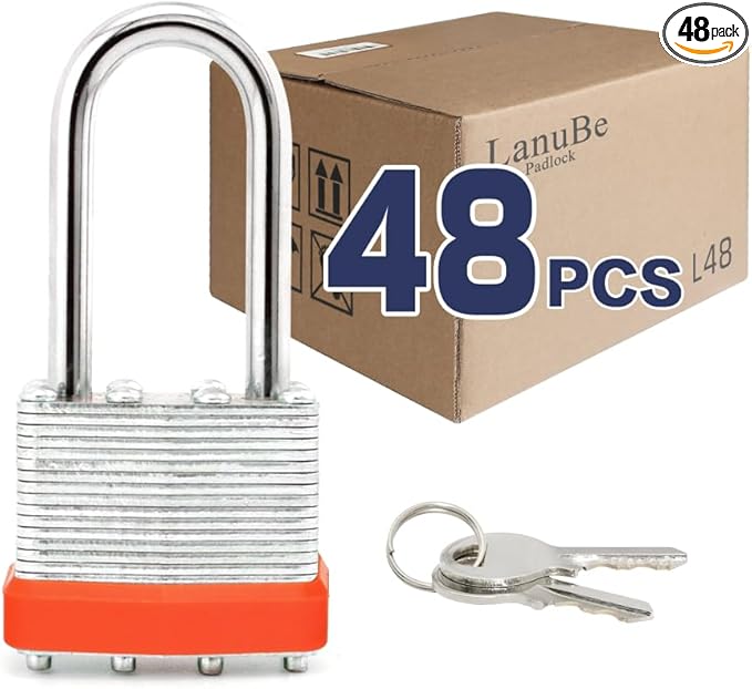 LanuBe Lock Laminated keyed Padlock (1-9/16", 40mm), keyed Alike Locks, Long Shackle,Marked Orange Plastic Hoop, Pack of 48