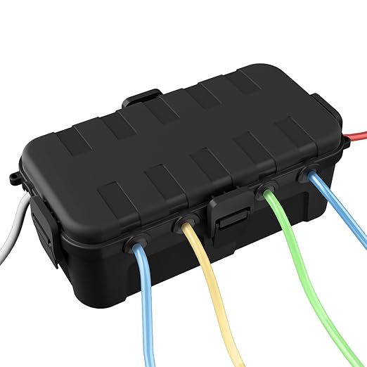 QUOBAS Outdoor Waterproof Electrical Box with 6 Cable Ports, IP54 Weatherproof Heavy-Duty Extension Cord Cover for Power Strips, Garden Power Tools, Holiday Lights, Black