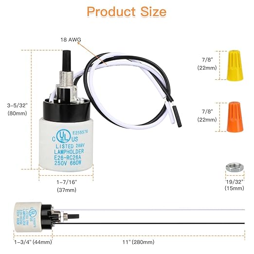 Helunsi E26 E27 Ceramic Lamp Socket with Rotary Knob Switch, Universal Replacement Porcelain ON OFF Turn Switch Light Bulb Socket, E26 Medium Base Lamp Holder with Threaded Nuts and Wire Lead - 1 Pack