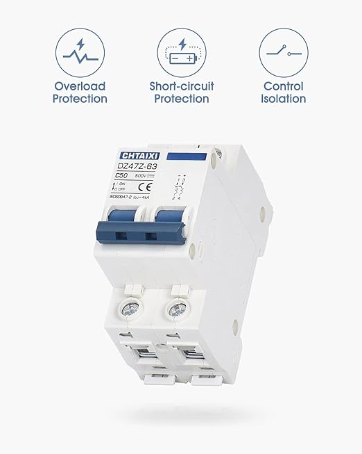 DC Miniature Circuit Breaker, 2 Pole 500V 50 Amp Isolator for Solar PV System, Thermal Magnetic Trip, DIN Rail Mount, Chtaixi DC Disconnect Switch C50