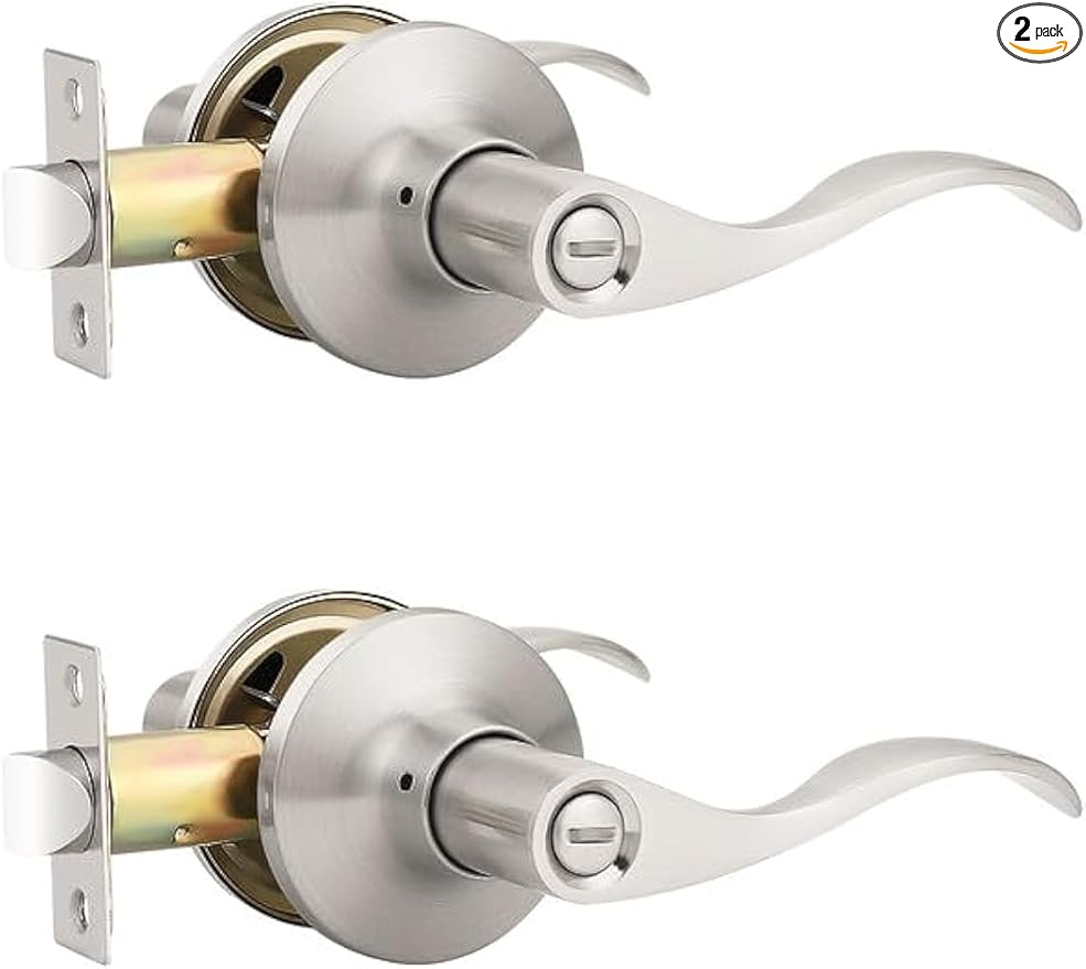Mengico 2 Pack Satin Nickel Privacy Door Lever, Modern Interior Door Knobs Locks for Bedroom and Bathroom, Heavy Duty Door Handle, Reversible Wave Lever Handle