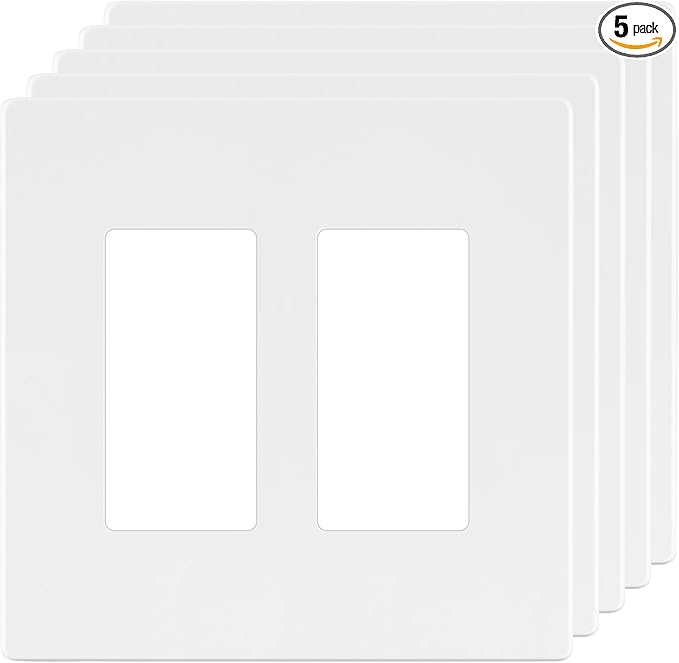 LIDER Matte Finish Double Decorator Switch Cover, Screwless Wall Plate, Mid-Size 2-Gang 4.88" x 4.92", Unbreakable Polycarbonate Thermoplastic, UL Listed, LSWP-32M-W5P, White, 5 Pack