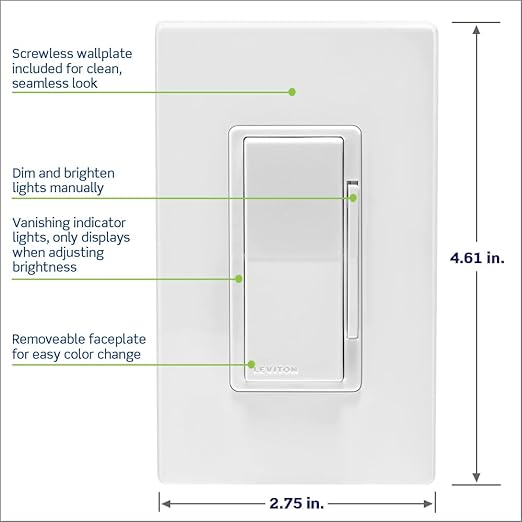 Leviton Decora Smart ELV/LED, Phase Selectable Dimmer Switch, Wi-Fi 2nd Gen, Neutral Wire Required, D2ELV-1BW, White