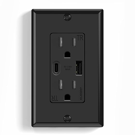 ELEGRP Wall Outlet, 15 Amp C Wall Outlets Receptacles, Outlets with A and C Ports, Tamper Resistant Receptacle, Wall Plate Included, UL Listed, 1 Pack, Black