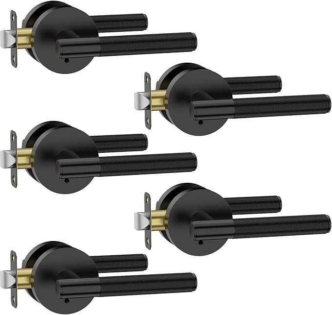 Amerdeco 5 Pack Matte Black Door Handles Interior, Knurled Privacy Door Handles with Lock, Heavy Duty Black Door Lever for Bedroom or Bathroom, Reversible Keyless for Left Right Handed Doors AM0016