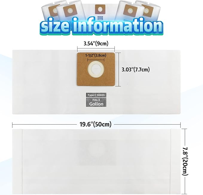 for Shop Vac Bags 3 Gallon, Type C - 90669 9066900 9066933 Vacuum Cleaner Disposable Collection Filter Bags 5 PCS