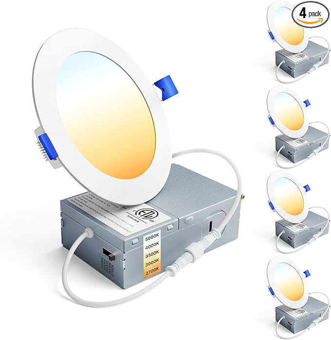 Ensenior 4 Pack 4 Inch LED Recessed Light, Dimmable, 2700K-5000K 5CCT, 750LM High Brightness, 9W 120V, Damp Rated, Ultra-Thin Canless Wafer Ceiling Light - ETL & FCC & IC