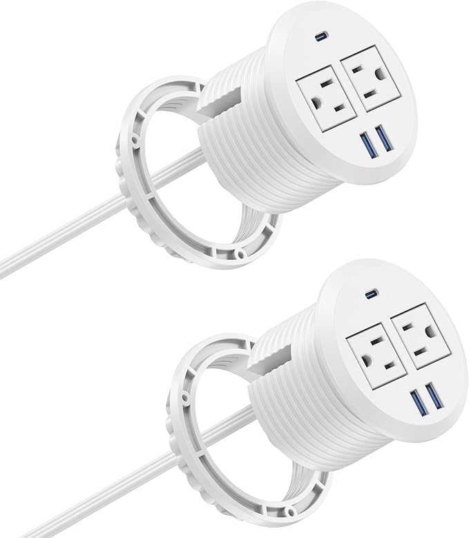 3 inch Desktop Power Grommet USB C,20W Fast Charging Station,Furniture Recessed Power Strip,2 Outlets,3 USB Ports,Flush-Mount for Desktop, Workspace Essential Desk Outlet,2 Pack (White)