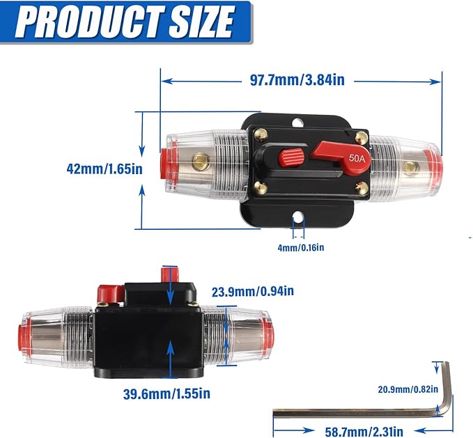 BOJACK 50A Audio Inline Circuit Breaker Reset Fuse Holder 12-24V DC Manual Reset Fuse Holder 3-15 AWG Overload Protection for Car Audio Sound Amplifier System RV Marine Boat Truck Solar Inverter