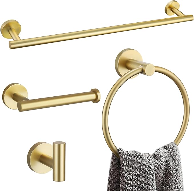 YACVCL Brushed Gold 4-Piece Bathroom Hardware Set,Bathroom Towel Bar Set,SUS304 Stainless Steel Bathroom Accessories Set Wall Mounted Towel Holder Set,27.5 Inch